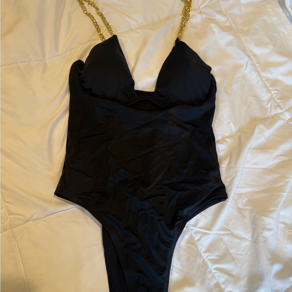 Fashion Nova Black One-Piece Swimsuit with Gold Chain Straps